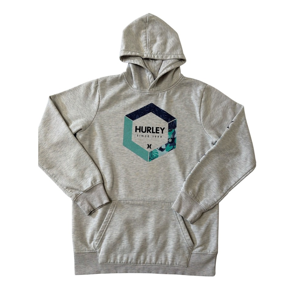 Hurley Hoodie Kids XL Grey Good Pullover Graphic Sleeve Logo Sweatshirt